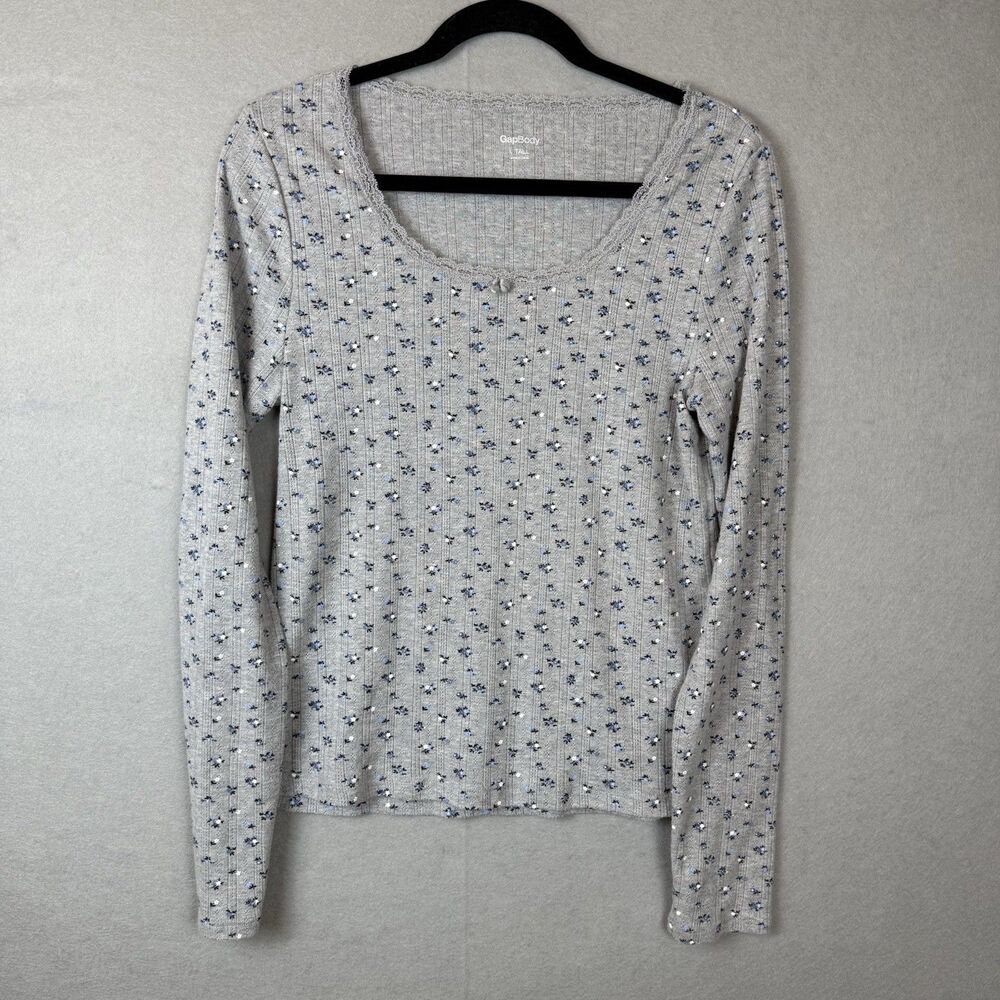GapBody Womens Gray Floral Pointelle Lace Trim Long Sleeve Top L Tall L/T
